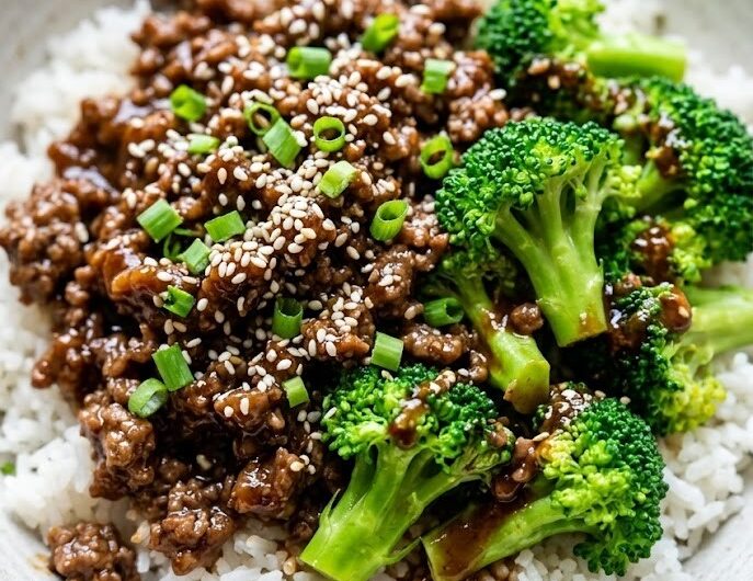 Mongolian Ground Beef Rice Bowls with Broccoli