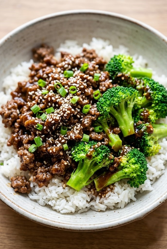 Mongolian Ground Beef Rice Bowls with Broccoli