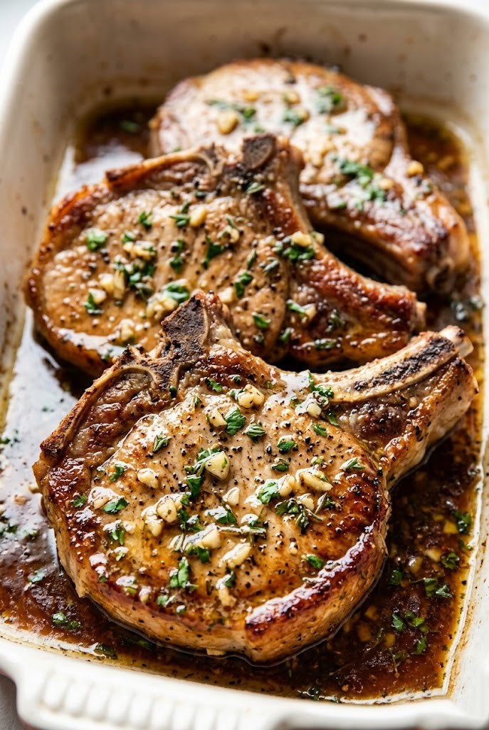 Oven Baked Garlic Butter Bone-In Pork Chops