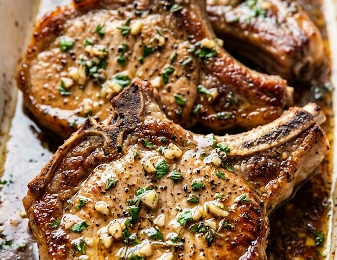 Oven Baked Garlic Butter Bone-In Pork Chops