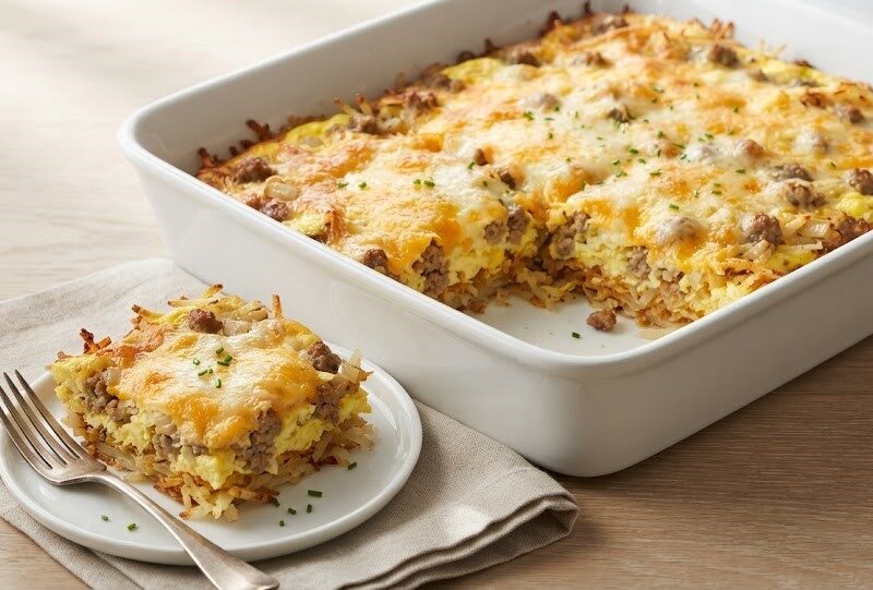 Breakfast Casserole with Hash Browns, Eggs and Sausage