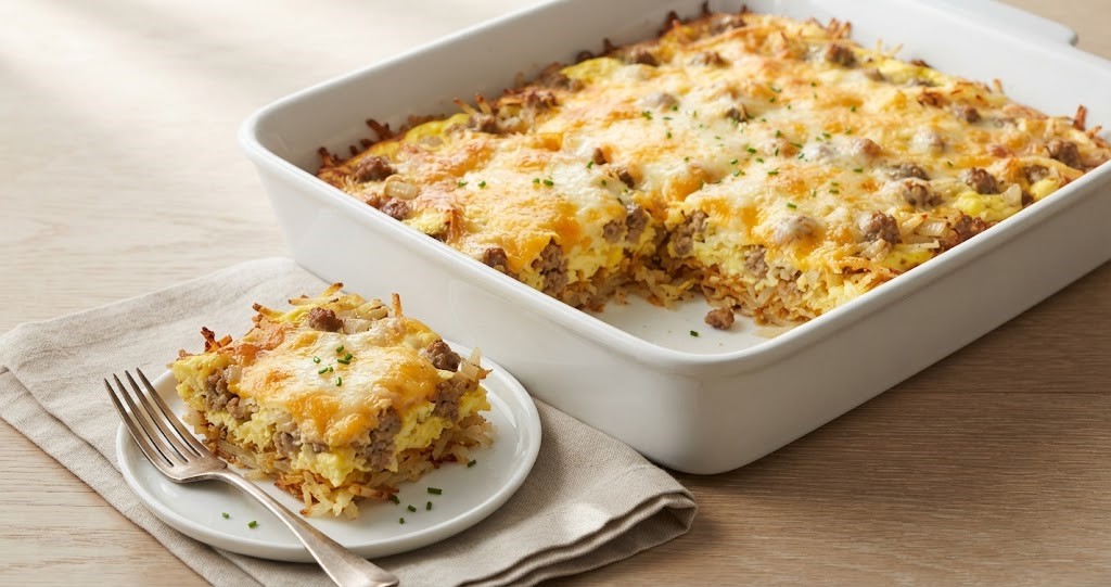 Breakfast Casserole with Hash Browns, Eggs and Sausage